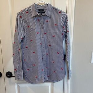 J. Crew Navy & White Striped Button-Down with Red Lip Print